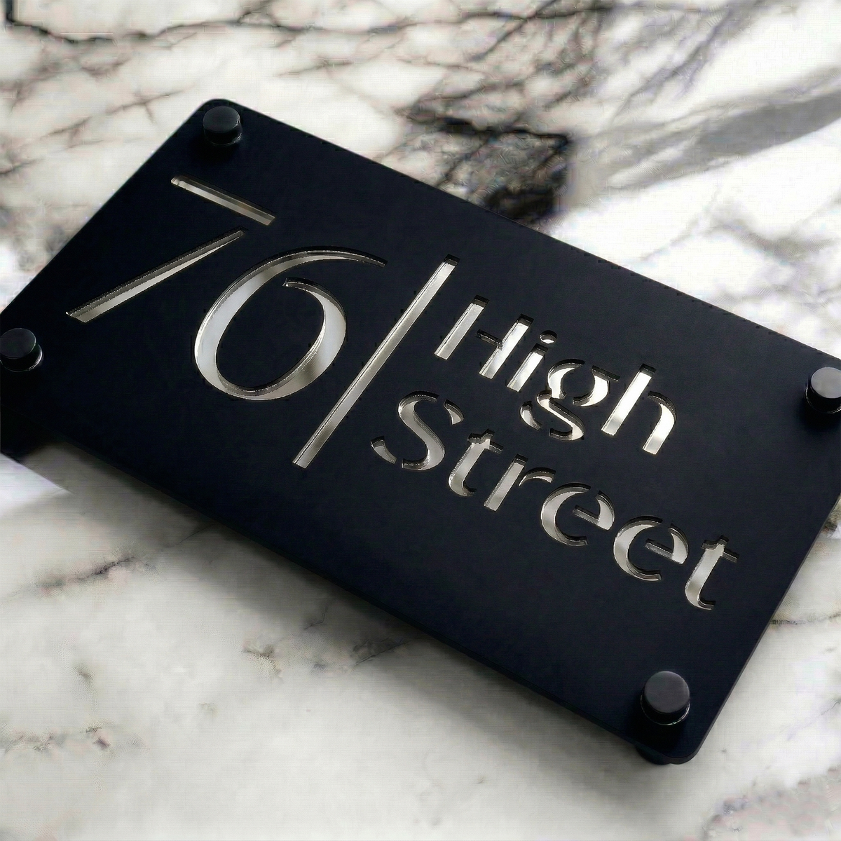 Personalised Mirror House Sign with Silver Laser Cut Text | 280mm x 160mm | Made from 3mm Black Acrylic