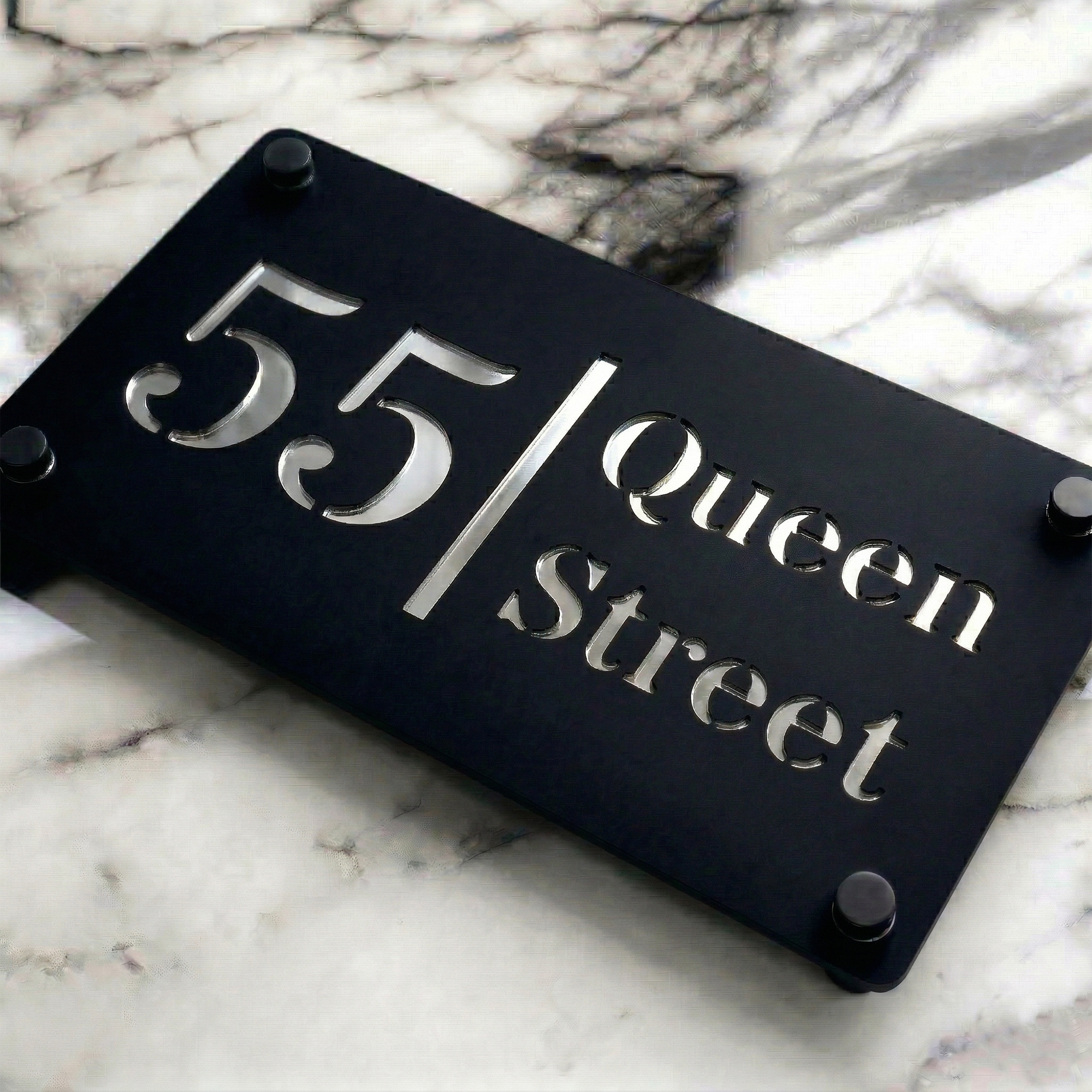 Personalised Mirror House Sign with Silver Laser Cut Text | 280mm x 160mm | Made from 3mm Black Acrylic