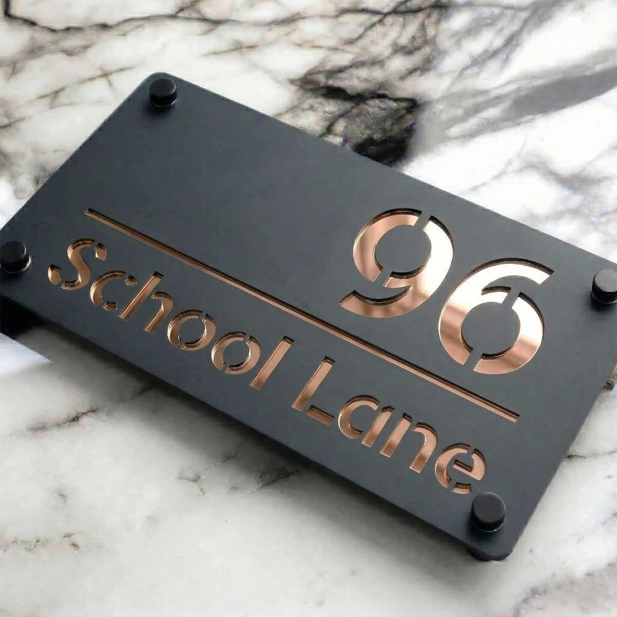 Personalised Mirror House Sign with Rose Gold Laser Cut Text | 280mm x 160mm | Made from 3mm Grey Acrylic