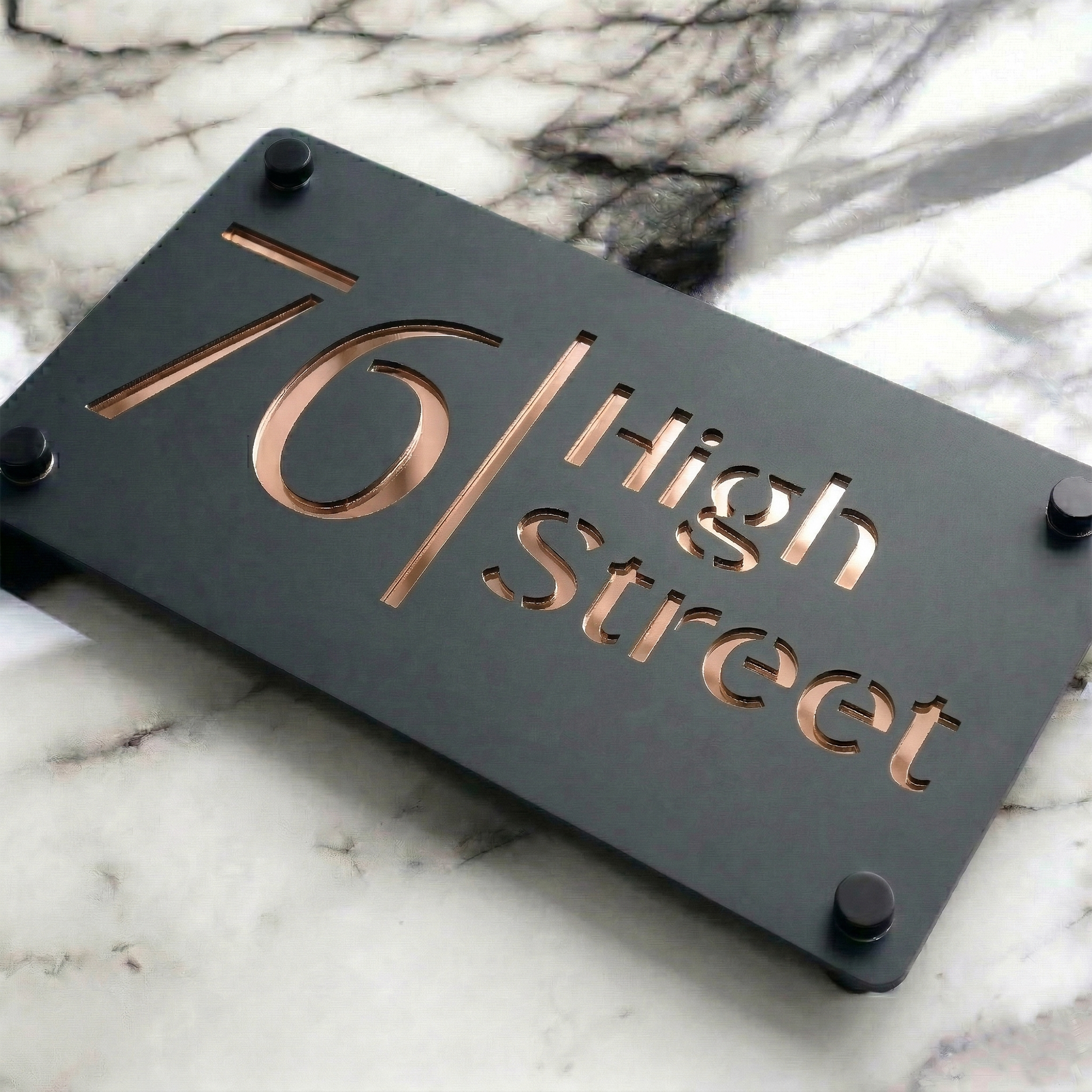 Personalised Mirror House Sign with Rose Gold Laser Cut Text | 280mm x 160mm | Made from 3mm Grey Acrylic
