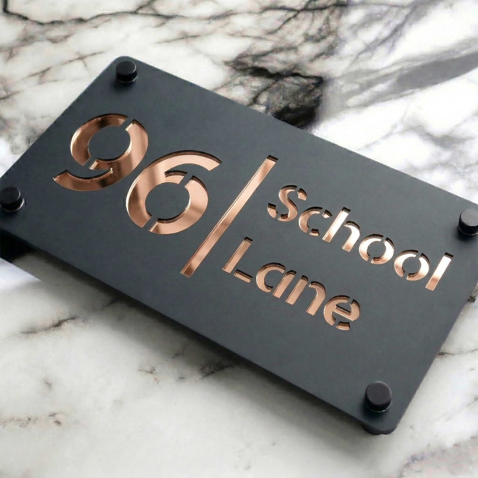 Personalised Mirror House Sign with Rose Gold Laser Cut Text | 280mm x 160mm | Made from 3mm Grey Acrylic