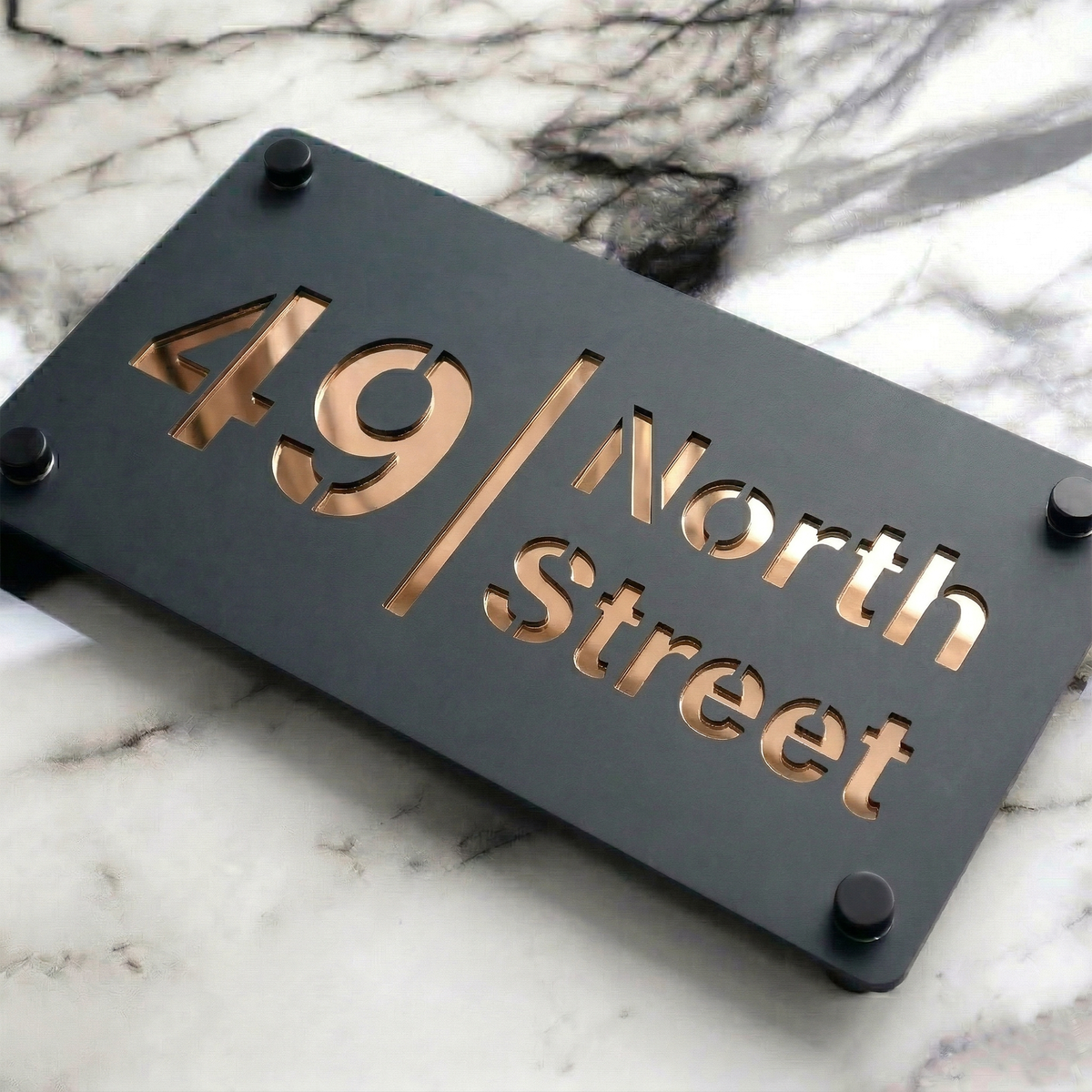 Personalised Mirror House Sign with Rose Gold Laser Cut Text | 280mm x 160mm | Made from 3mm Grey Acrylic