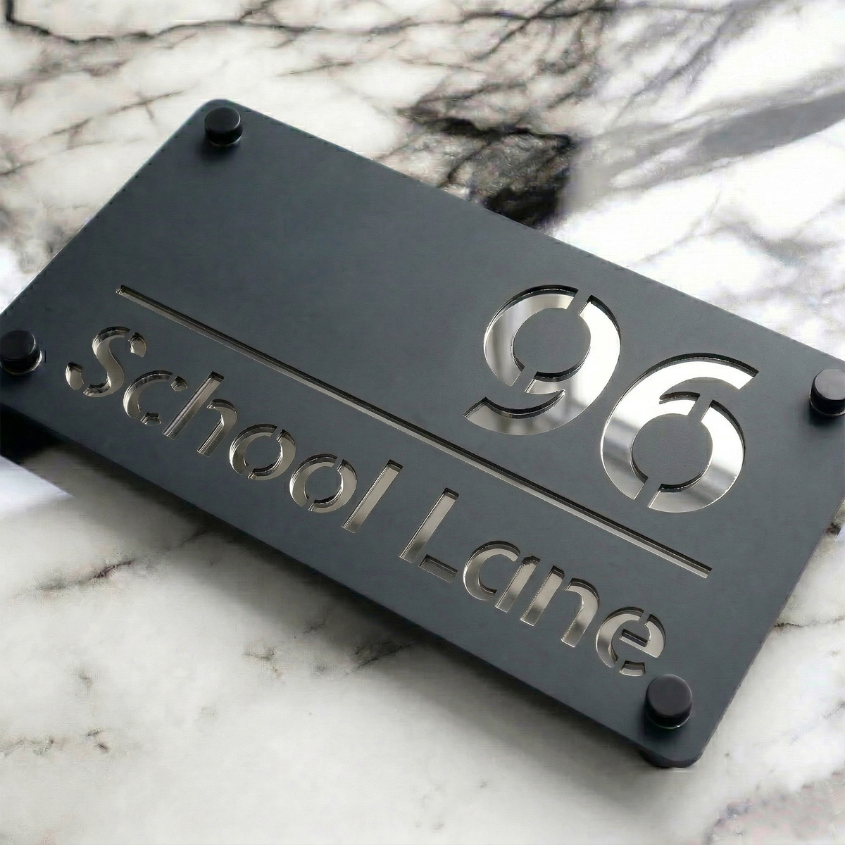 Personalised Mirror House Sign with Silver Laser Cut Text | 280mm x 160mm | Made from 3mm Grey Acrylic