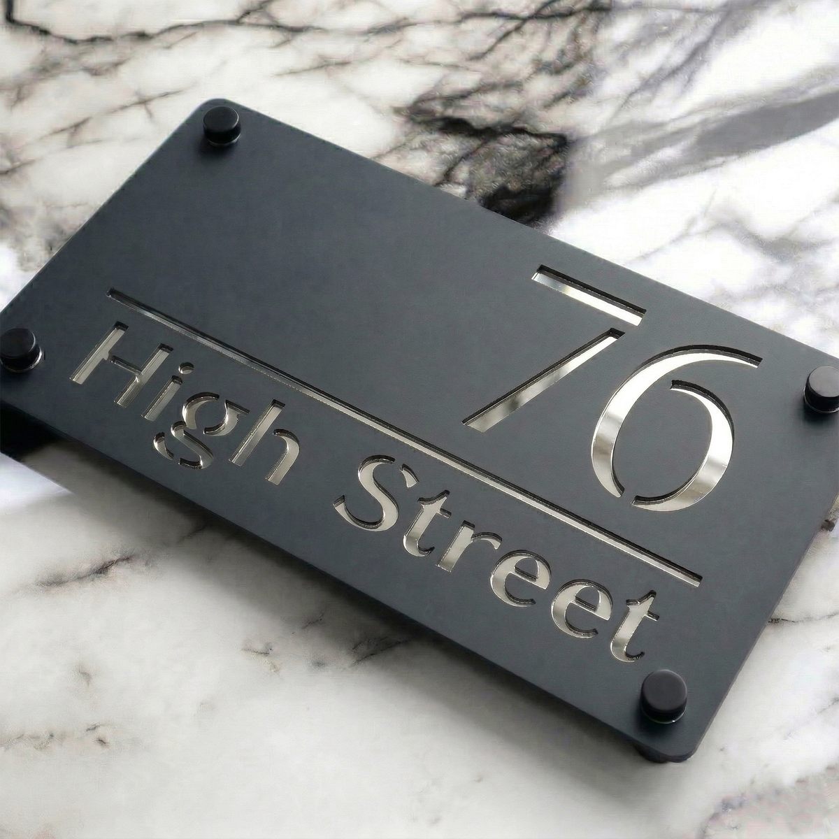 Personalised Mirror House Sign with Silver Laser Cut Text | 280mm x 160mm | Made from 3mm Grey Acrylic