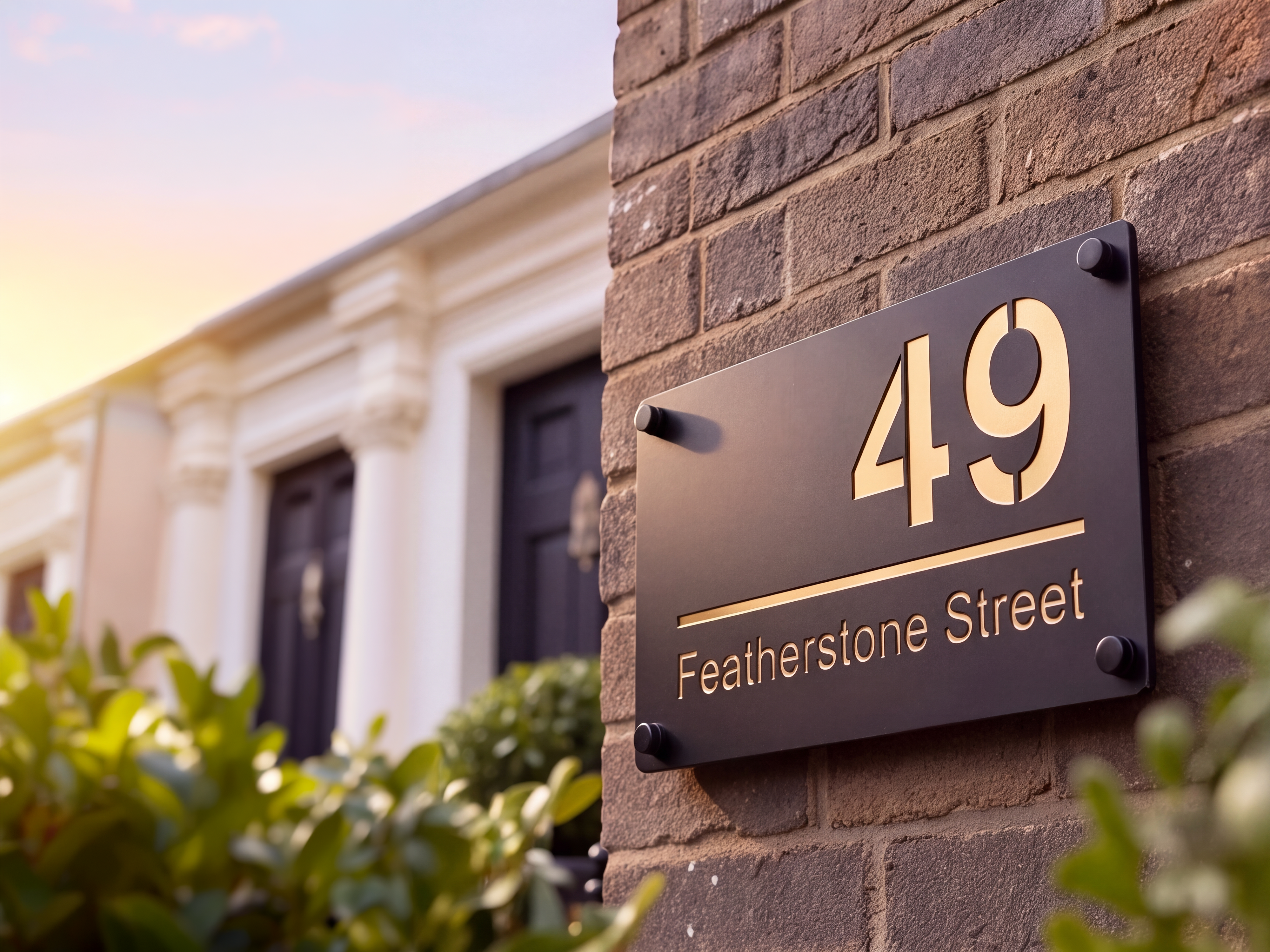 Bronze mirror-finish house sign personalised with '49 Featherstone Street' mounted on a brick pillar
