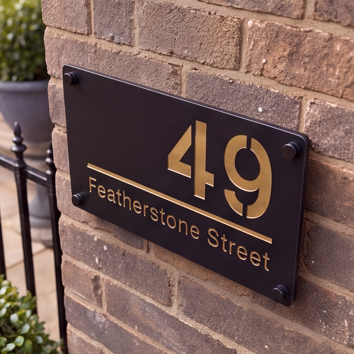 Personalised mirror-finish house sign with laser-cut text, showcased on the SignStation homepage