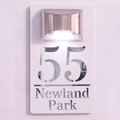 Personalised Solar Powered House Sign | 280mm x 160mm | White with Mirror Text