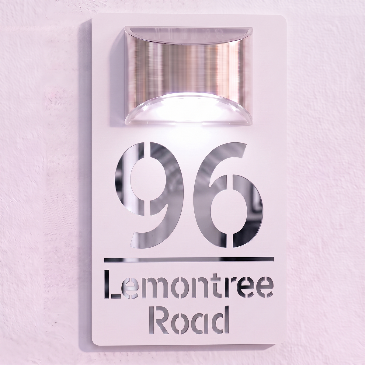 Personalised Solar Powered House Sign | 280mm x 160mm | White with Mirror Text