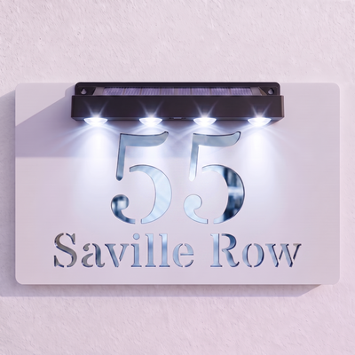 Personalised Solar Powered House Sign | 300mm x 170mm | White with Mirror Text