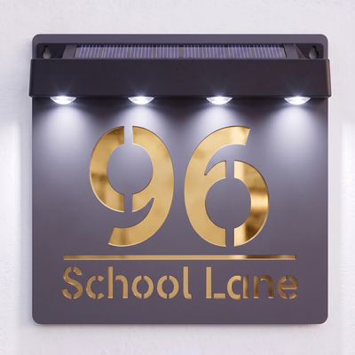Personalised Solar Powered House Sign | 180mm x 180mm | Grey with Mirror Text