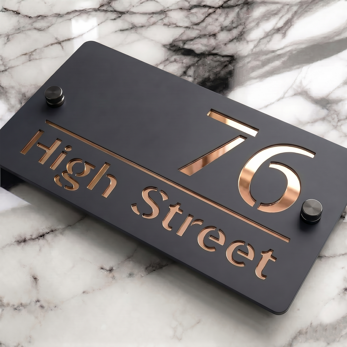Personalised Mirror House Sign with Rose Gold Laser Cut Text | 200mm x 130mm | Made from 3mm Grey Acrylic