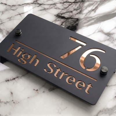 Personalised Mirror House Sign with Rose Gold Laser Cut Text | 200mm x 130mm | Made from 3mm Grey Acrylic