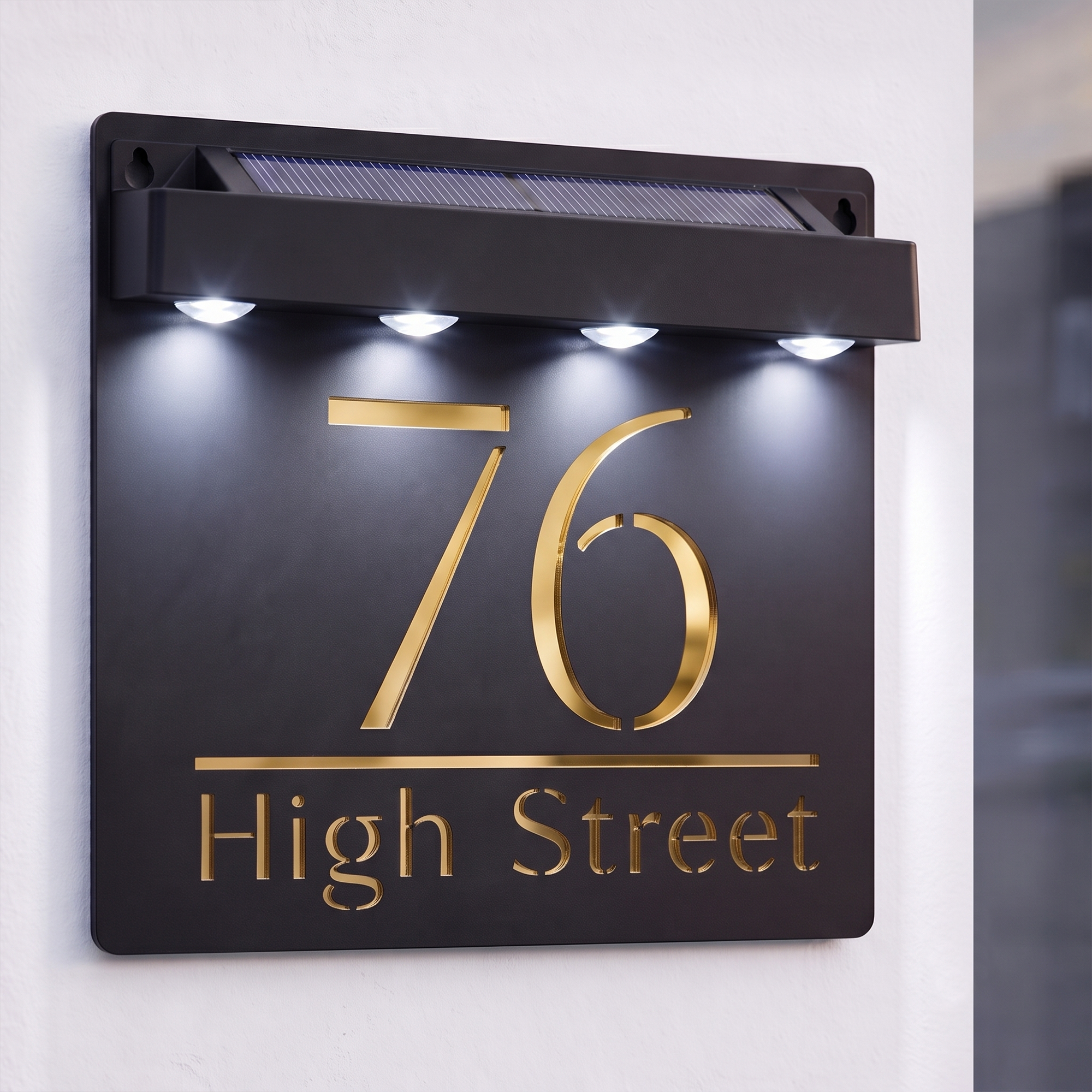 Personalised Solar Powered House Sign | 180mm x 180mm | Black with Mirror Text