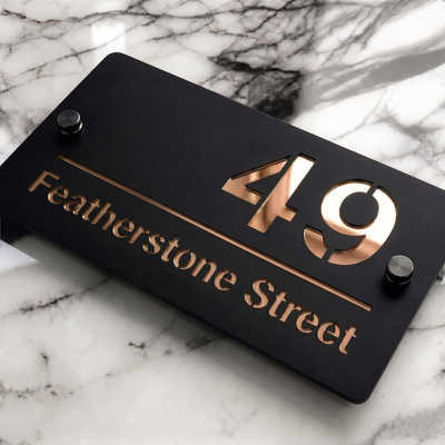 Personalised Mirror House Sign with Rose Gold Laser Cut Text | 200mm x 130mm | Made from 3mm Black Acrylic
