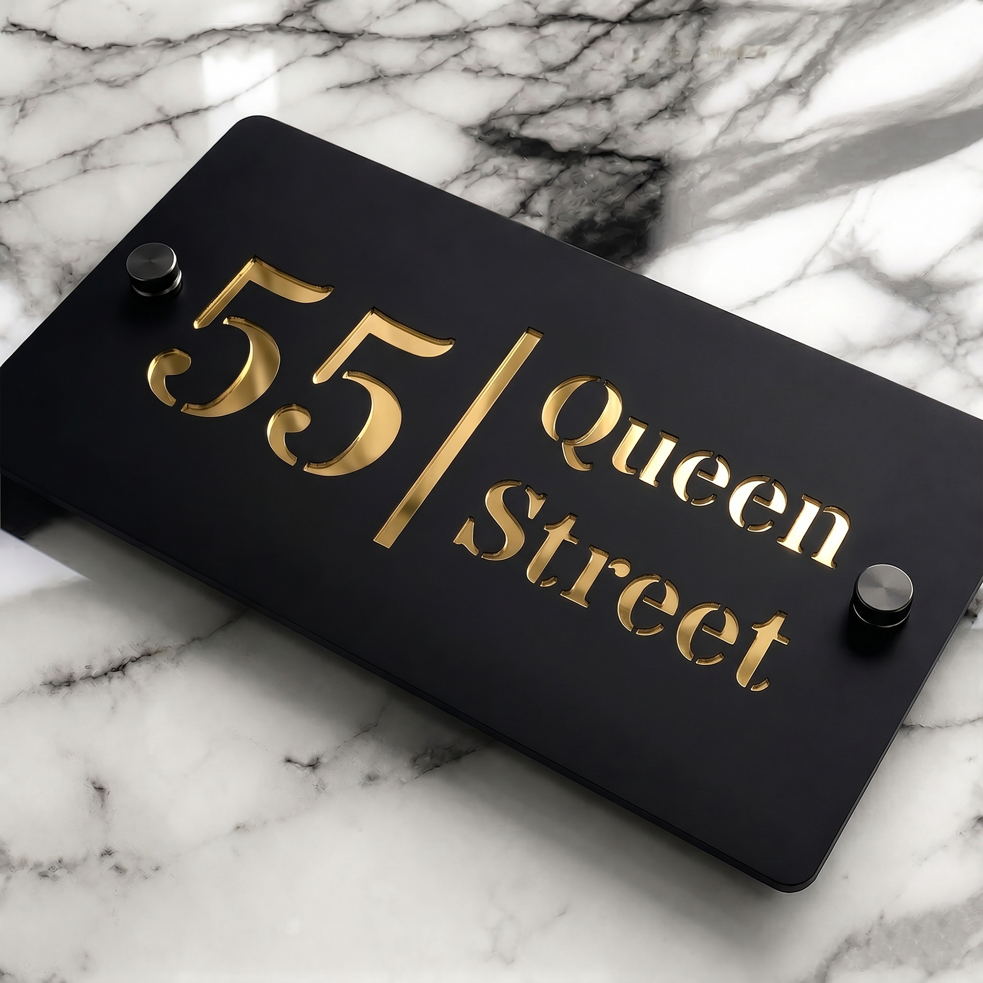 Personalised Mirror House Sign with Gold Laser Cut Text | 200mm x 130mm | Made from 3mm Black Acrylic