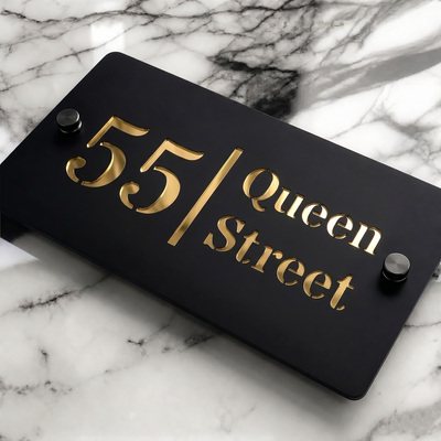 Personalised Mirror House Sign with Gold Laser Cut Text | 200mm x 130mm | Made from 3mm Black Acrylic