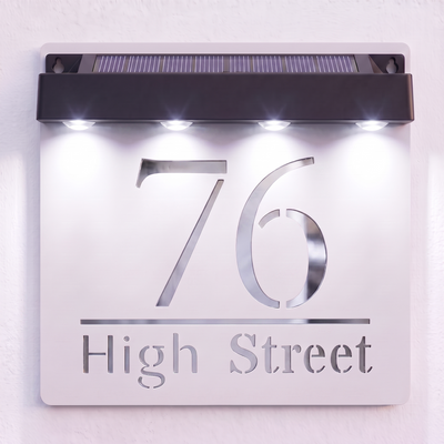 Personalised Solar Powered House Sign | 180mm x 180mm | White with Mirror Text