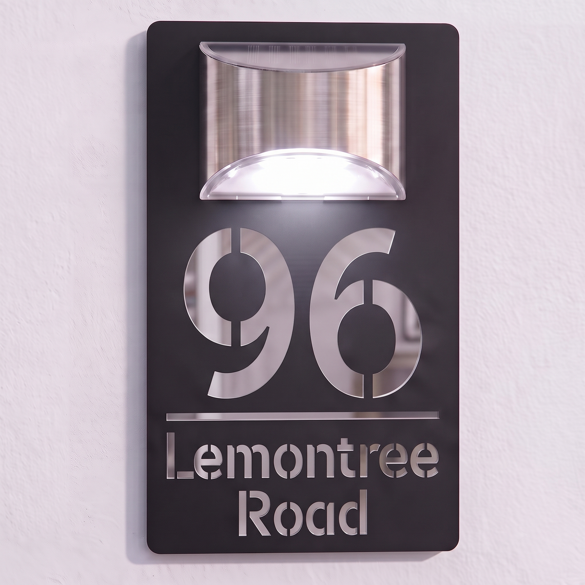 Personalised Solar Powered House Sign | 280mm x 160mm | Black with Mirror Text
