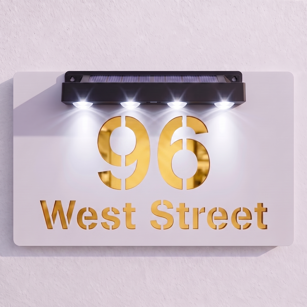 Personalised Solar Powered House Sign | 300mm x 170mm | White with Mirror Text