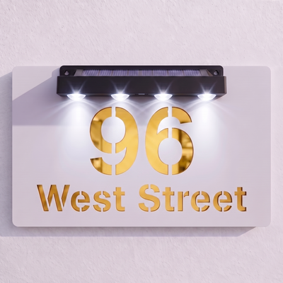 Personalised Solar Powered House Sign | 300mm x 170mm | White with Mirror Text