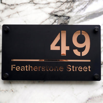 Personalised Mirror House Sign with Rose Gold Laser Cut Text | 280mm x 160mm | Made from 3mm Black Acrylic