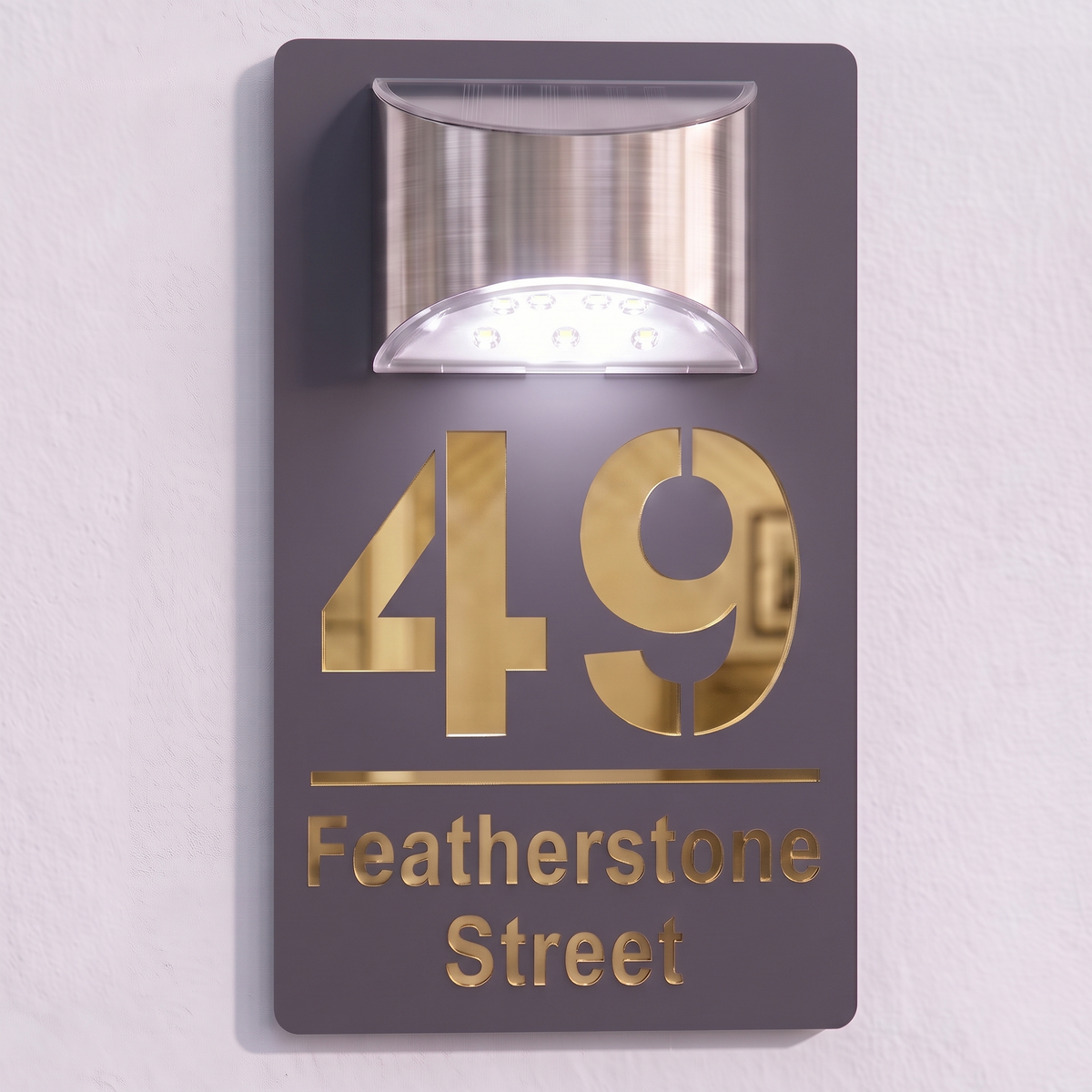Personalised Solar Powered House Sign | 280mm x 160mm | Grey with Mirror Text
