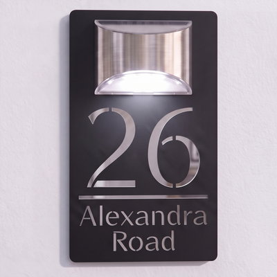 Personalised Solar Powered House Sign | 280mm x 160mm | Black with Mirror Text