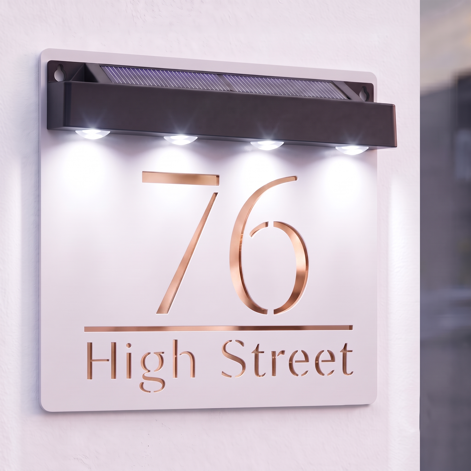 Personalised Solar Powered House Sign | 180mm x 180mm | White with Mirror Text