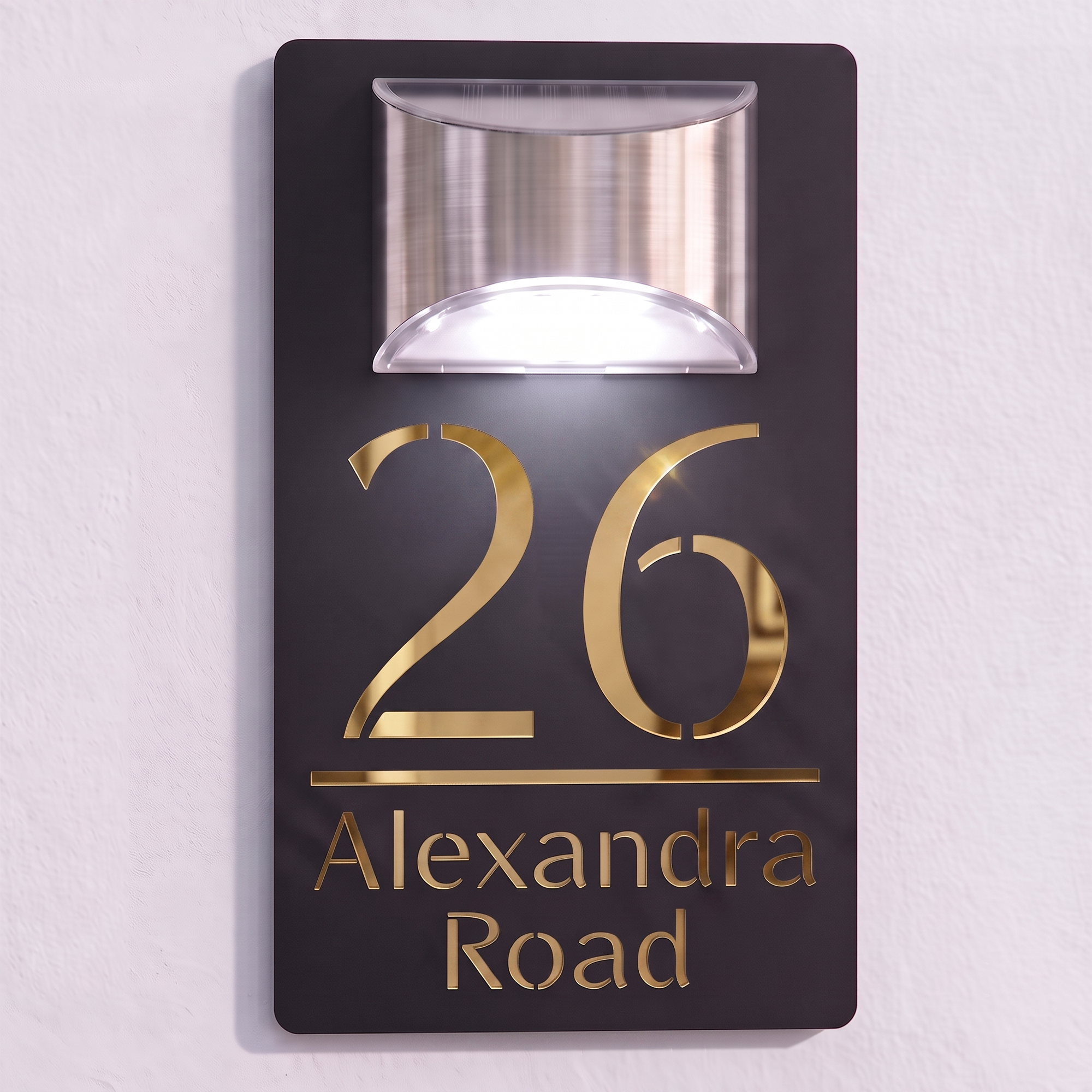 Personalised Solar Powered House Sign | 280mm x 160mm | Black with Mirror Text