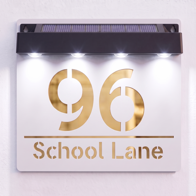 Personalised Solar Powered House Sign | 180mm x 180mm | White with Mirror Text