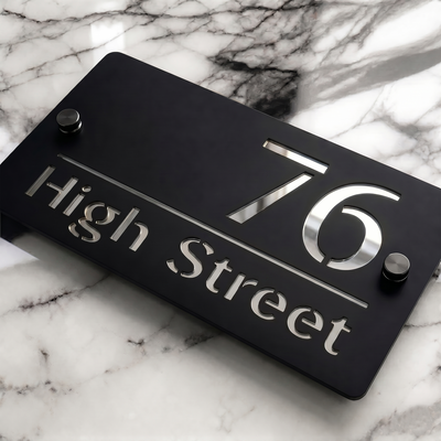 Personalised Mirror House Sign with Silver Laser Cut Text | 200mm x 130mm | Made from 3mm Black Acrylic