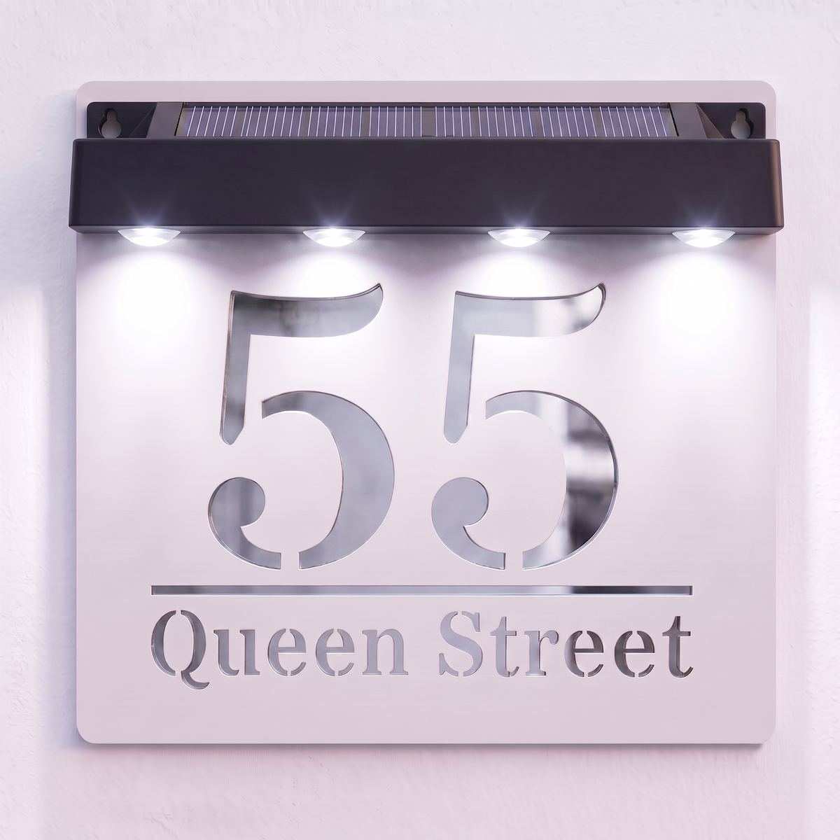 Personalised Solar Powered House Sign | 180mm x 180mm | White with Mirror Text