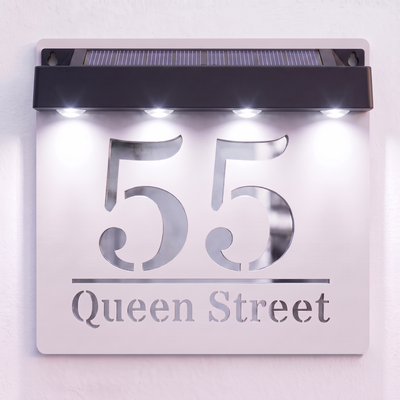 Personalised Solar Powered House Sign | 180mm x 180mm | White with Mirror Text