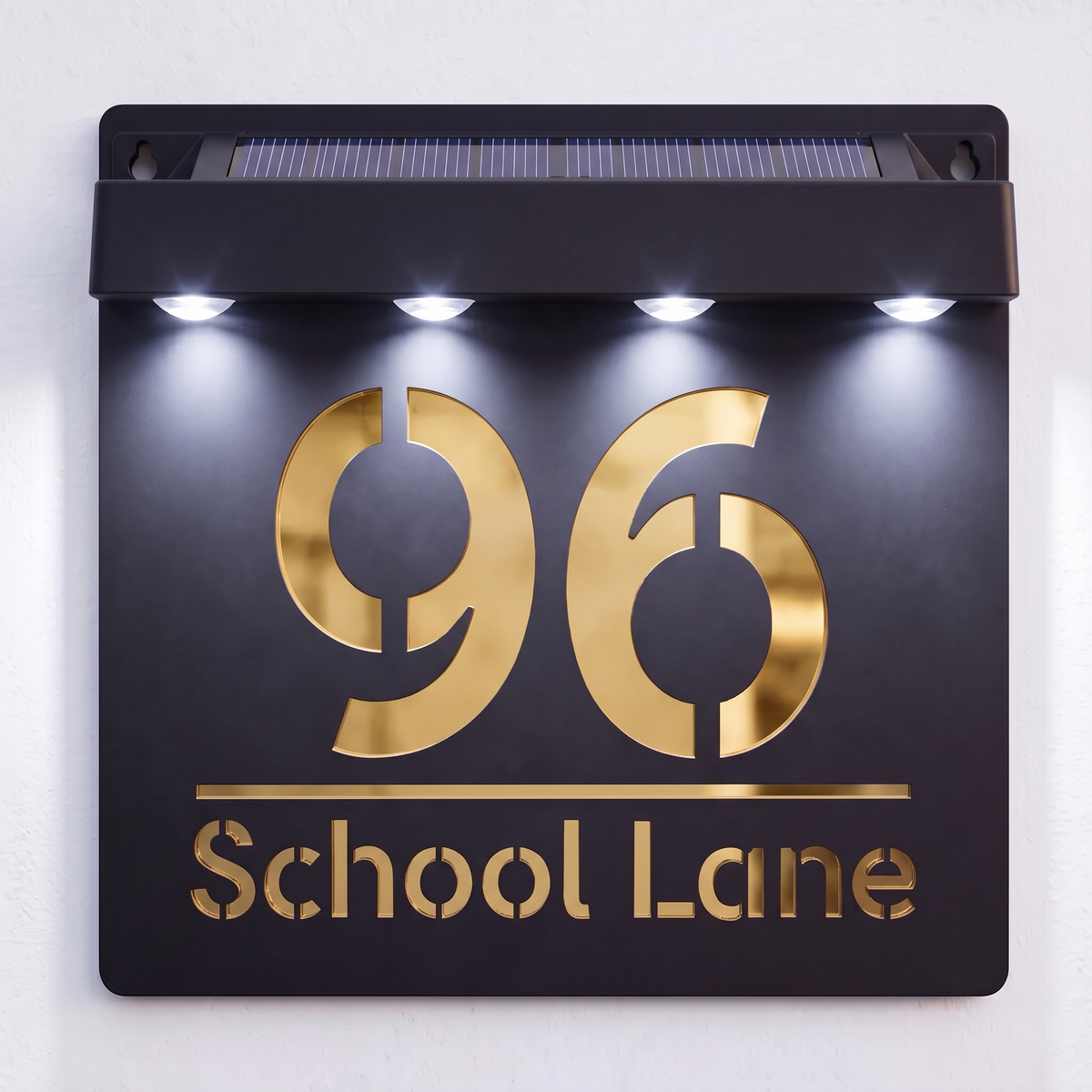 Personalised Solar Powered House Sign | 180mm x 180mm | Black with Mirror Text