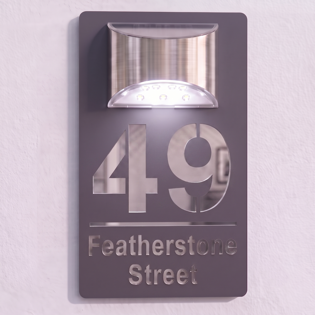Personalised Solar Powered House Sign | 280mm x 160mm | Grey with Mirror Text