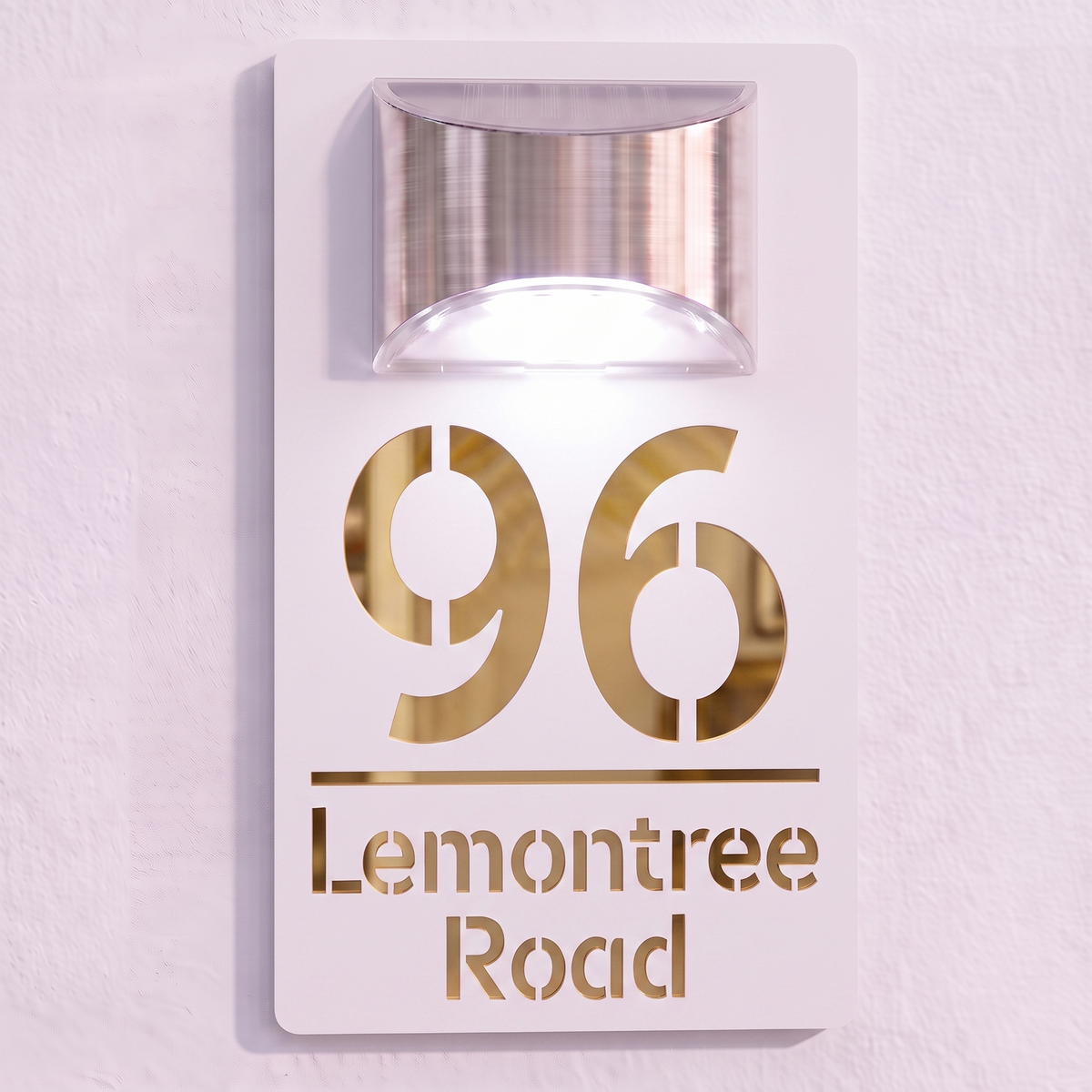 Personalised Solar Powered House Sign | 280mm x 160mm | White with Mirror Text