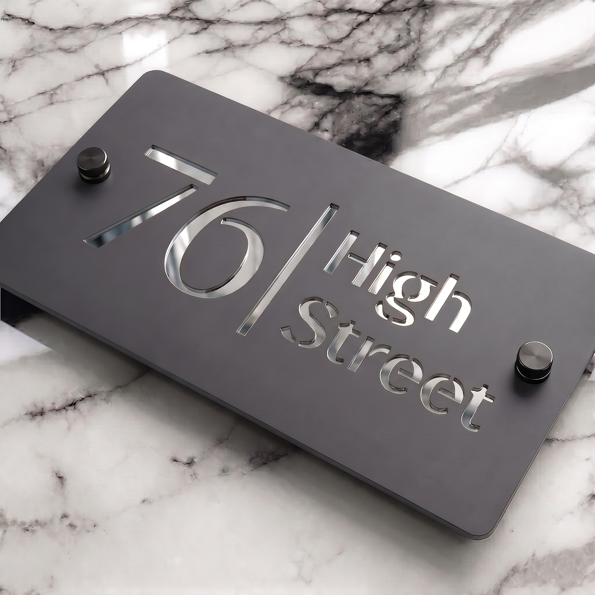 Personalised Mirror House Sign with Silver Laser Cut Text | 200mm x 130mm | Made from 3mm Grey Acrylic