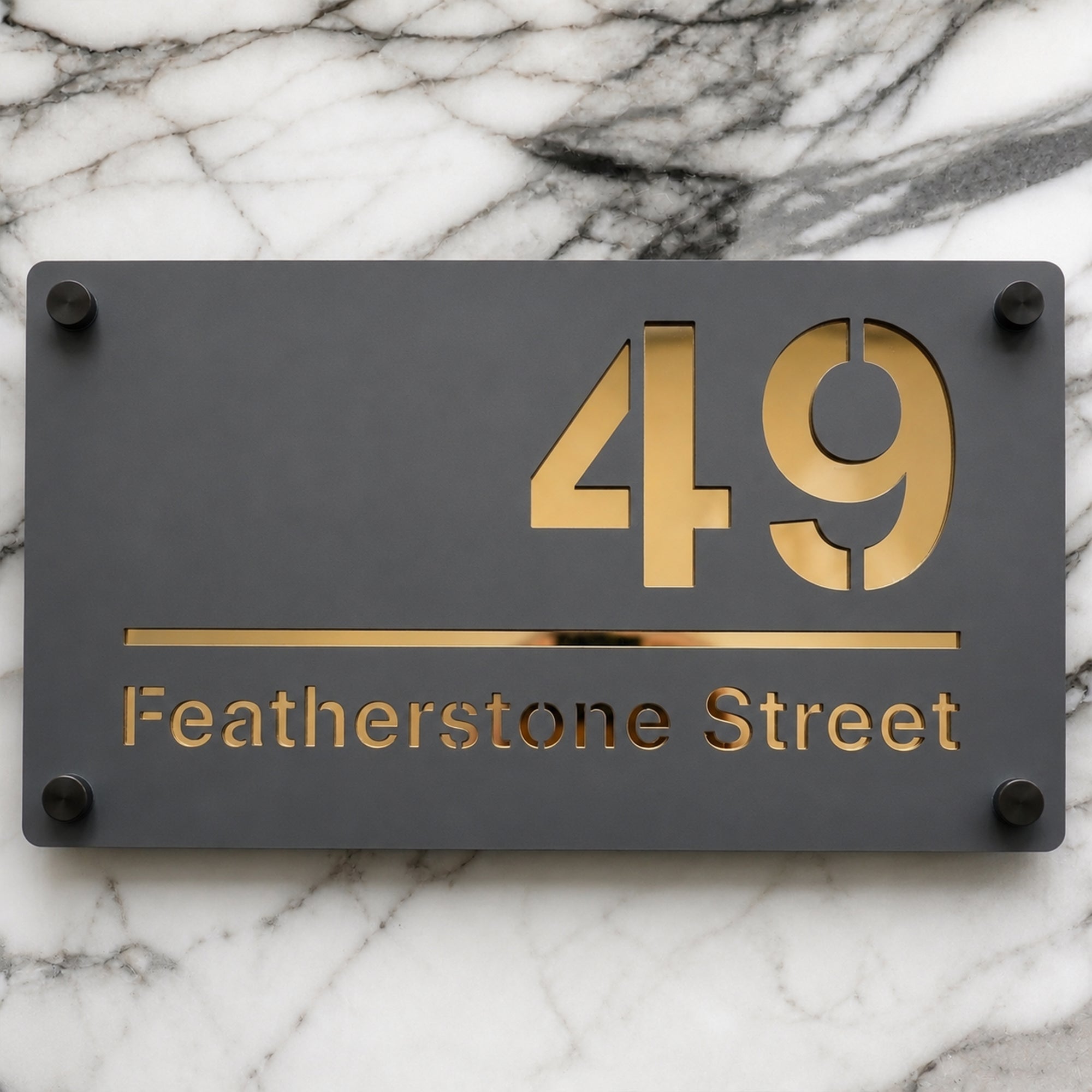 Personalised Mirror House Sign with Gold Laser Cut Text | 280mm x 160mm | Made from 3mm Grey Acrylic