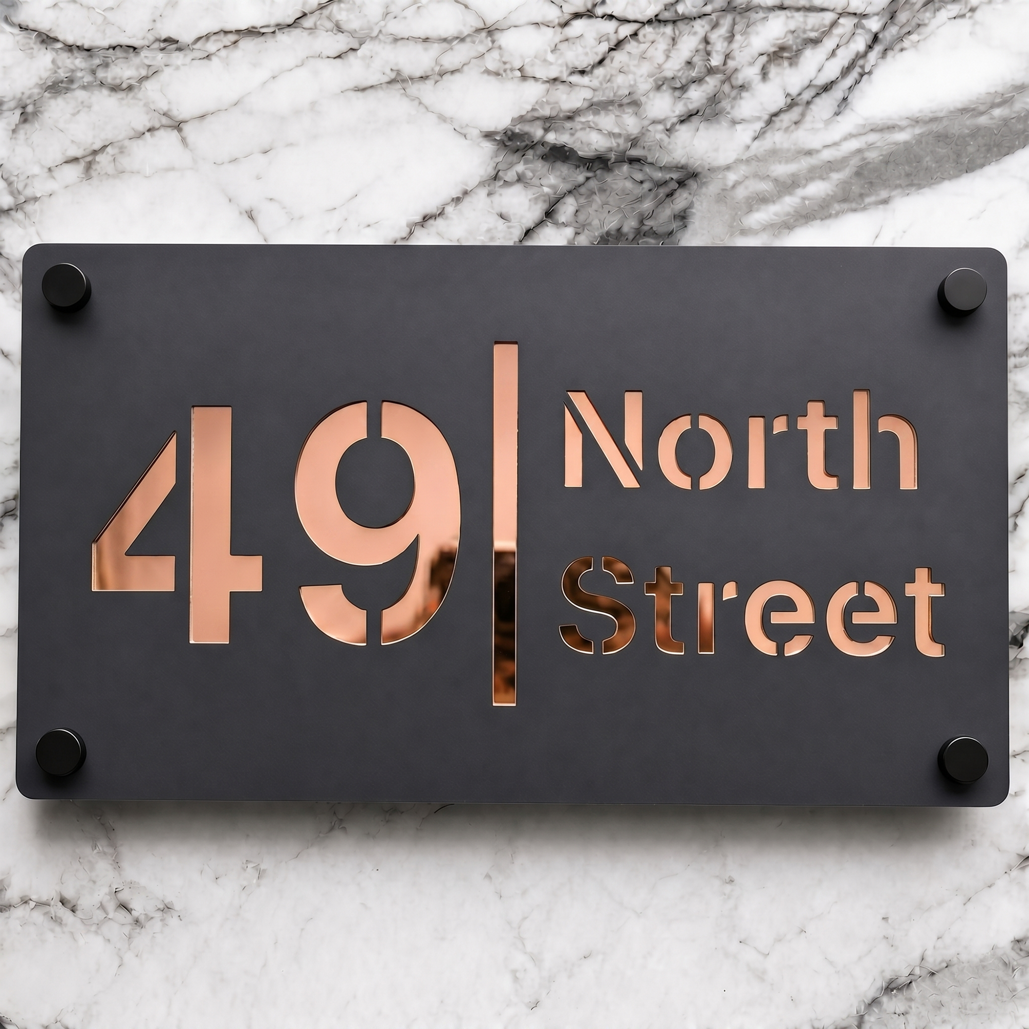 Personalised Mirror House Sign with Rose Gold Laser Cut Text | 280mm x 160mm | Made from 3mm Grey Acrylic
