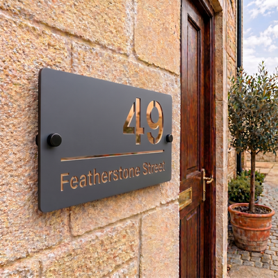 Personalised Mirror House Sign with Rose Gold Laser Cut Text | 200mm x 130mm | Made from 3mm Grey Acrylic