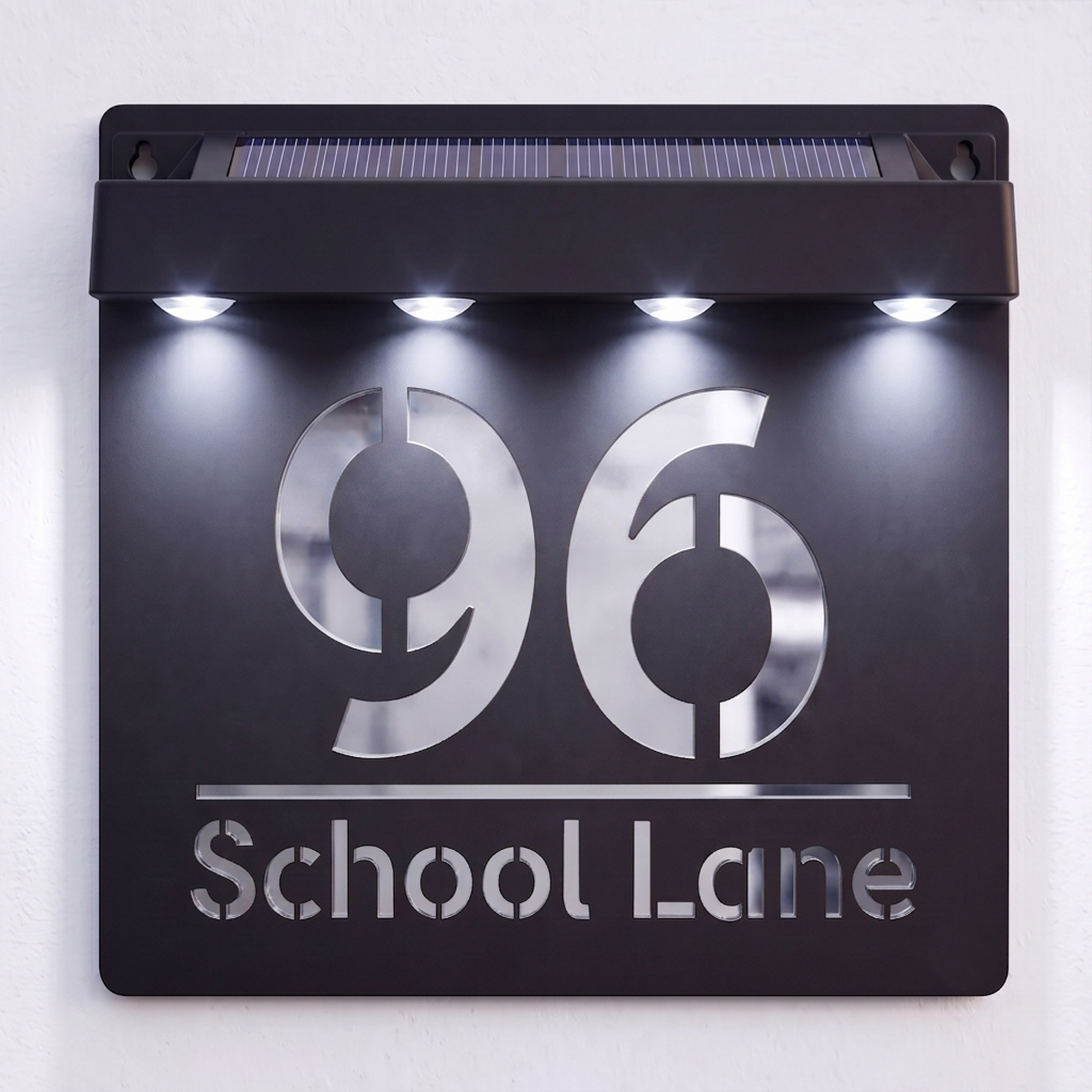 Personalised Solar Powered House Sign | 180mm x 180mm | Black with Mirror Text