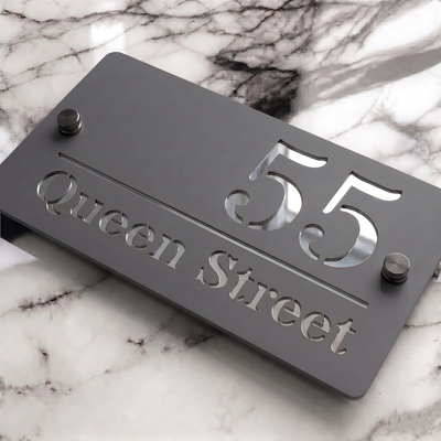 Personalised Mirror House Sign with Silver Laser Cut Text | 200mm x 130mm | Made from 3mm Grey Acrylic