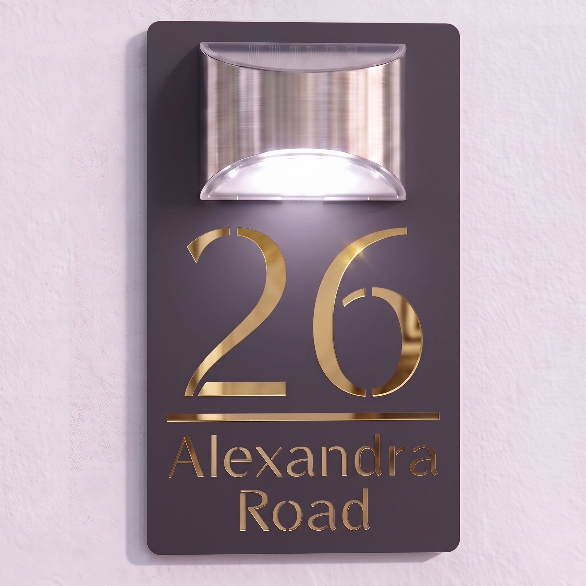 Personalised Solar Powered House Sign | 280mm x 160mm | Grey with Mirror Text