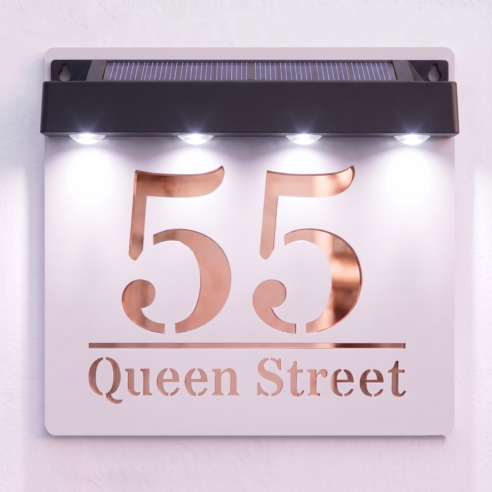 Personalised Solar Powered House Sign | 180mm x 180mm | White with Mirror Text