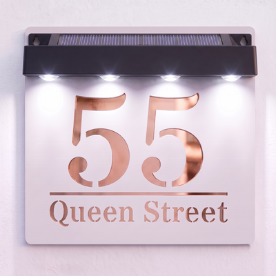 Personalised Solar Powered House Sign | 180mm x 180mm | White with Mirror Text
