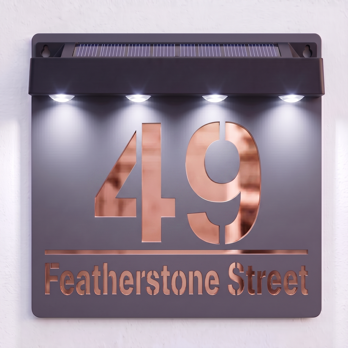 Personalised Solar Powered House Sign | 180mm x 180mm | Grey with Mirror Text