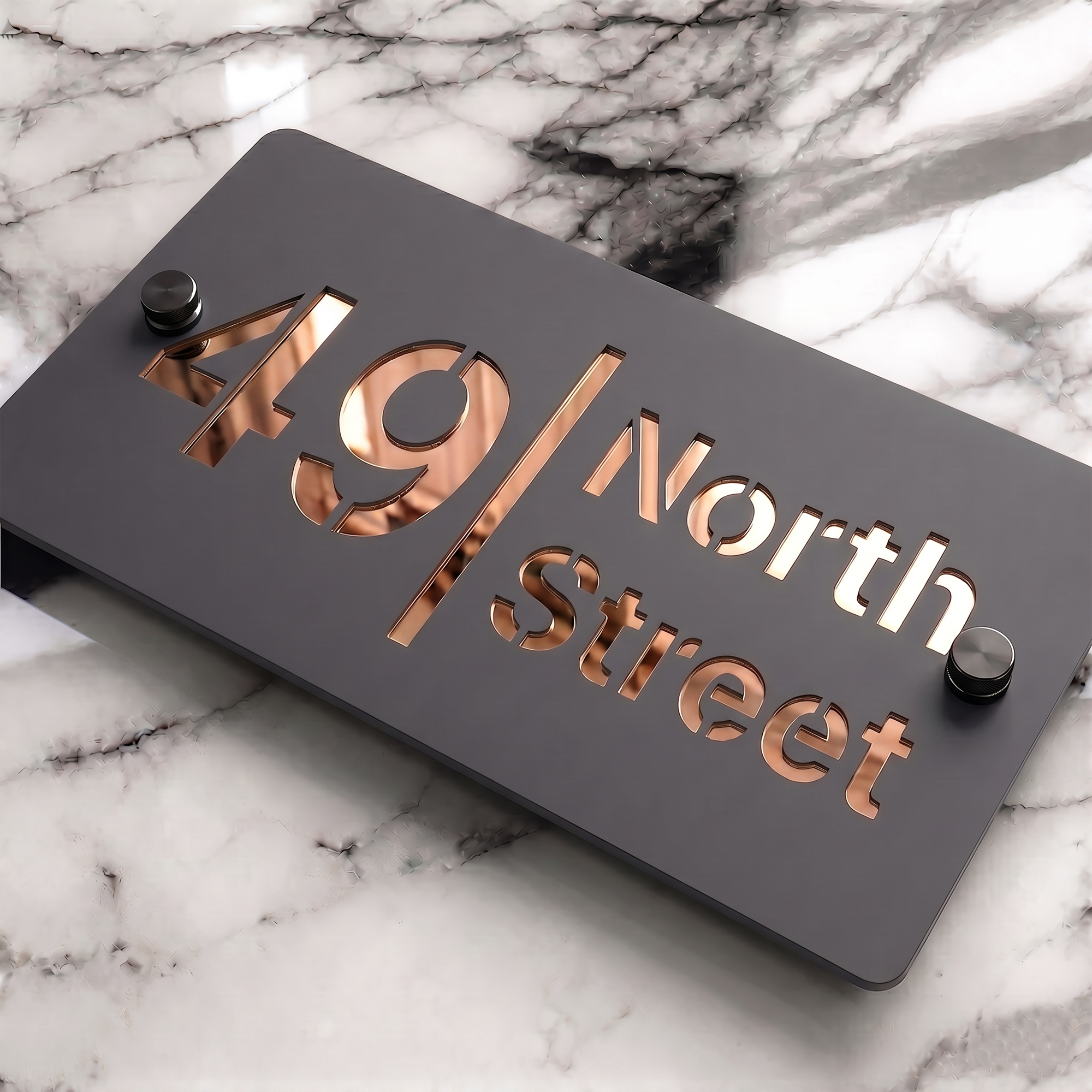 Personalised Mirror House Sign with Rose Gold Laser Cut Text | 200mm x 130mm | Made from 3mm Grey Acrylic
