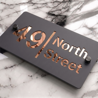 Personalised Mirror House Sign with Rose Gold Laser Cut Text | 200mm x 130mm | Made from 3mm Grey Acrylic