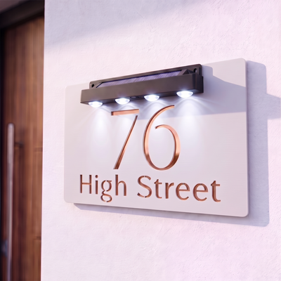 Personalised Solar Powered House Sign | 300mm x 170mm | White with Mirror Text