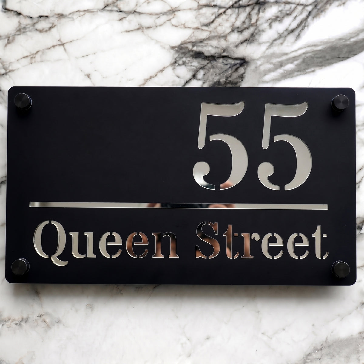 Personalised Mirror House Sign with Silver Laser Cut Text | 280mm x 160mm | Made from 3mm Black Acrylic